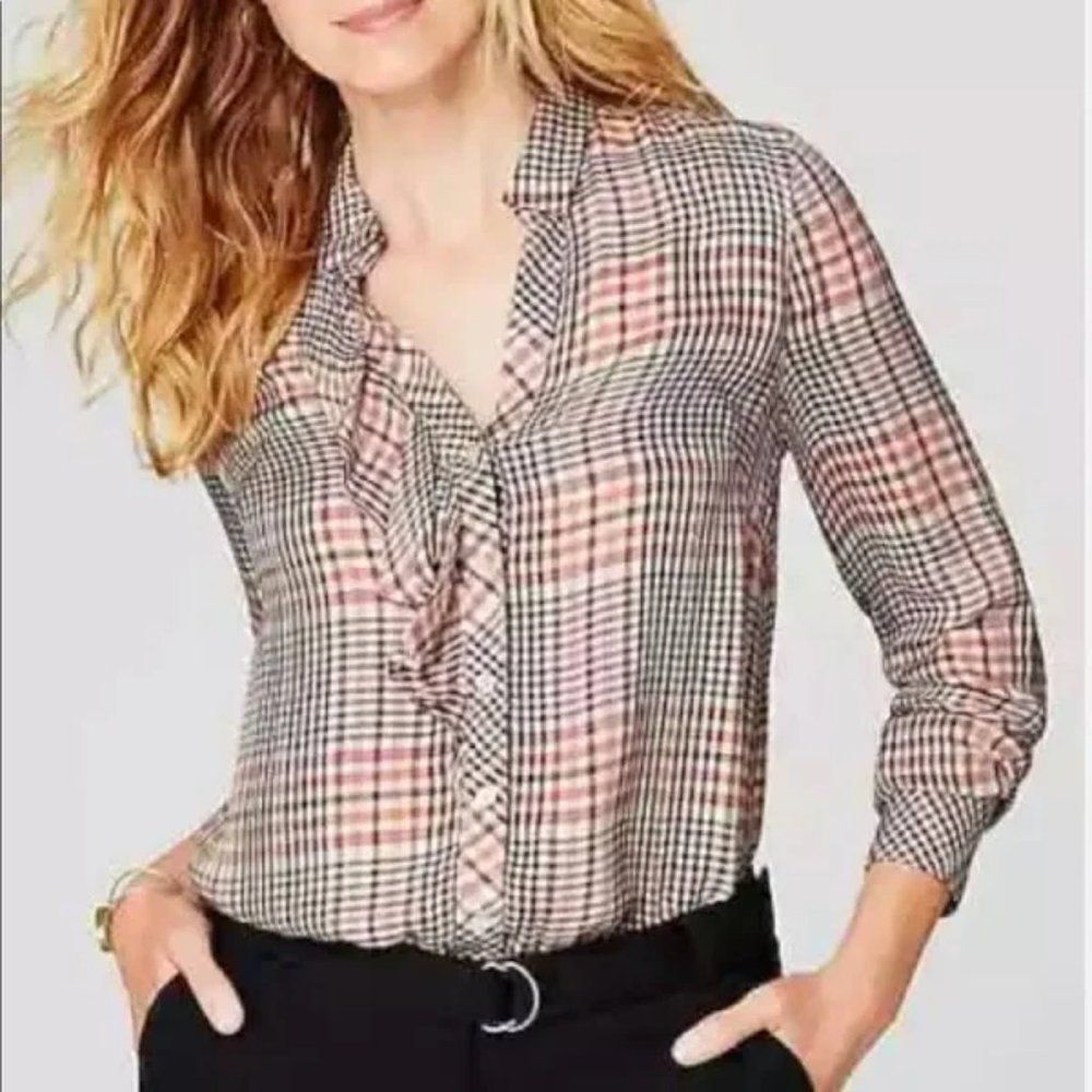J.Jill Glen Plaid Ruffled Button-Front Blouse Small Petite Long Sleeve